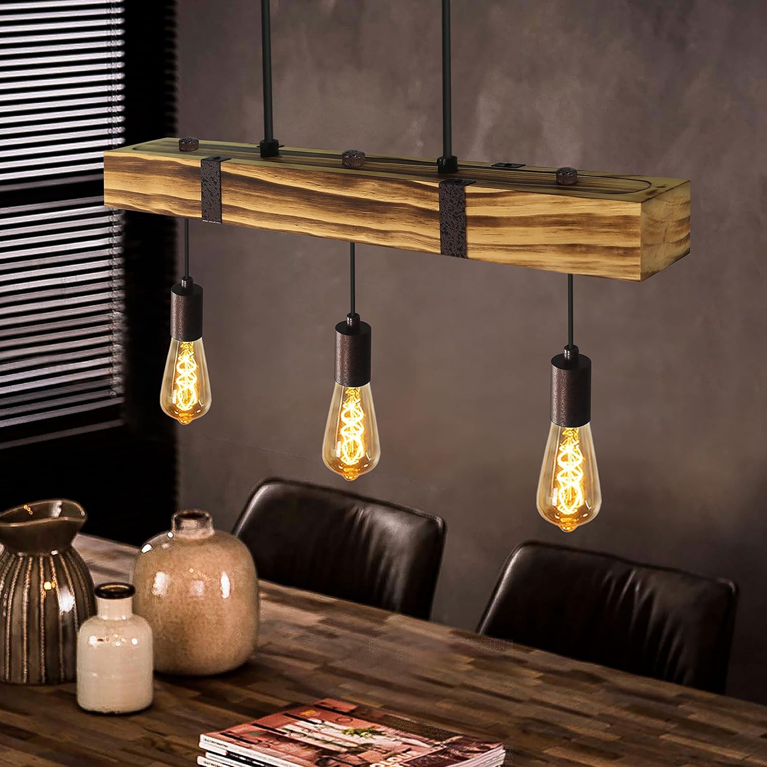 NETTLIFE pendellampe, spisestue, spisebord Vintage, træ, E27, pendellampe, 61 cm, industriel