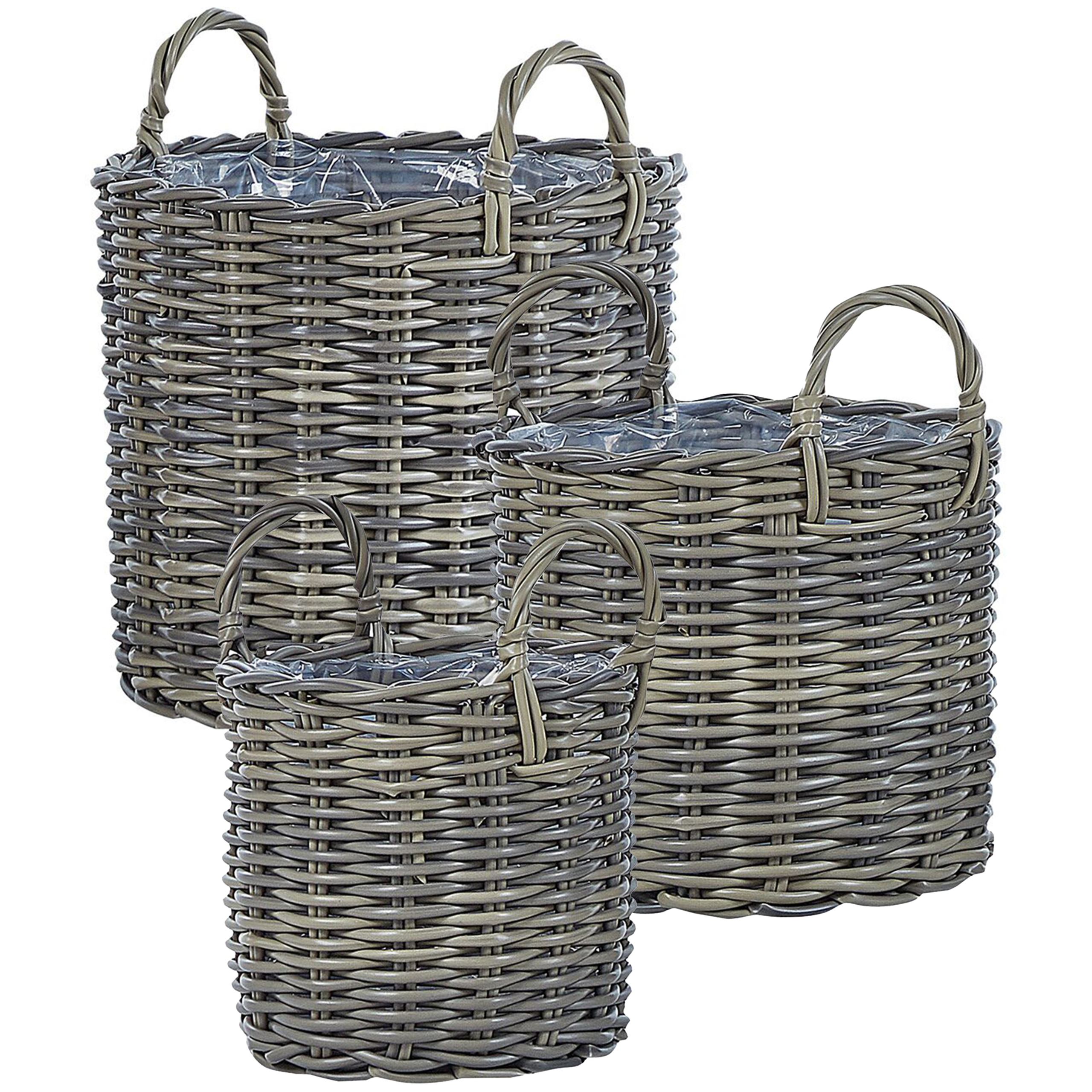 Sæt af 3 flet kurve til planter NIKITI 29/35/40 cm PE-rattan Brungrå