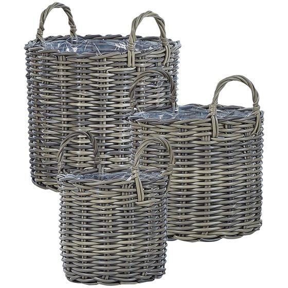 Sæt af 3 flet kurve til planter NIKITI 29/35/40 cm PE-rattan Brungrå
