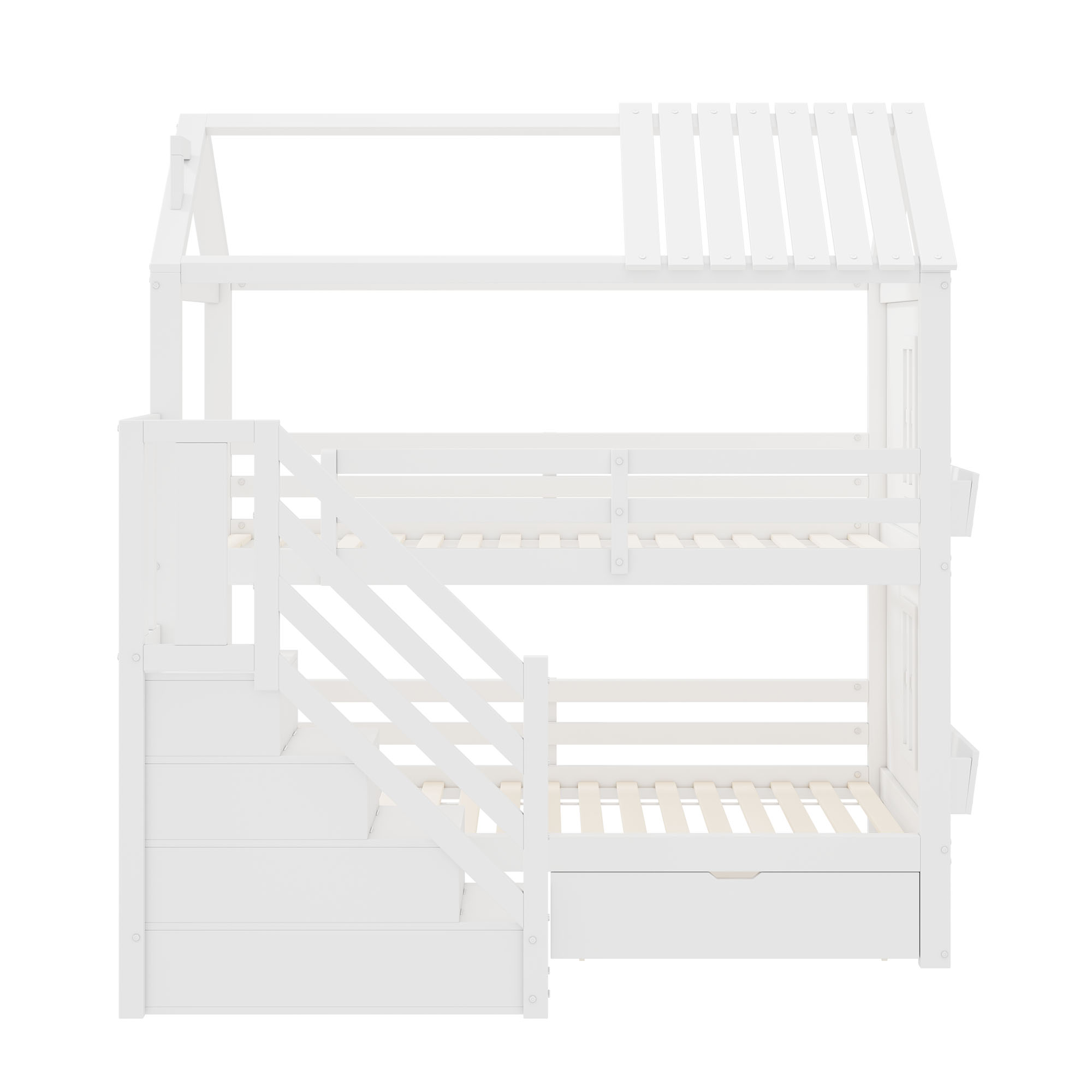 Køjeseng 90x200cm børneseng med opbevaringsskuffer, skuffer og hylder, fyrretræ+MDF, hvid, uden madras