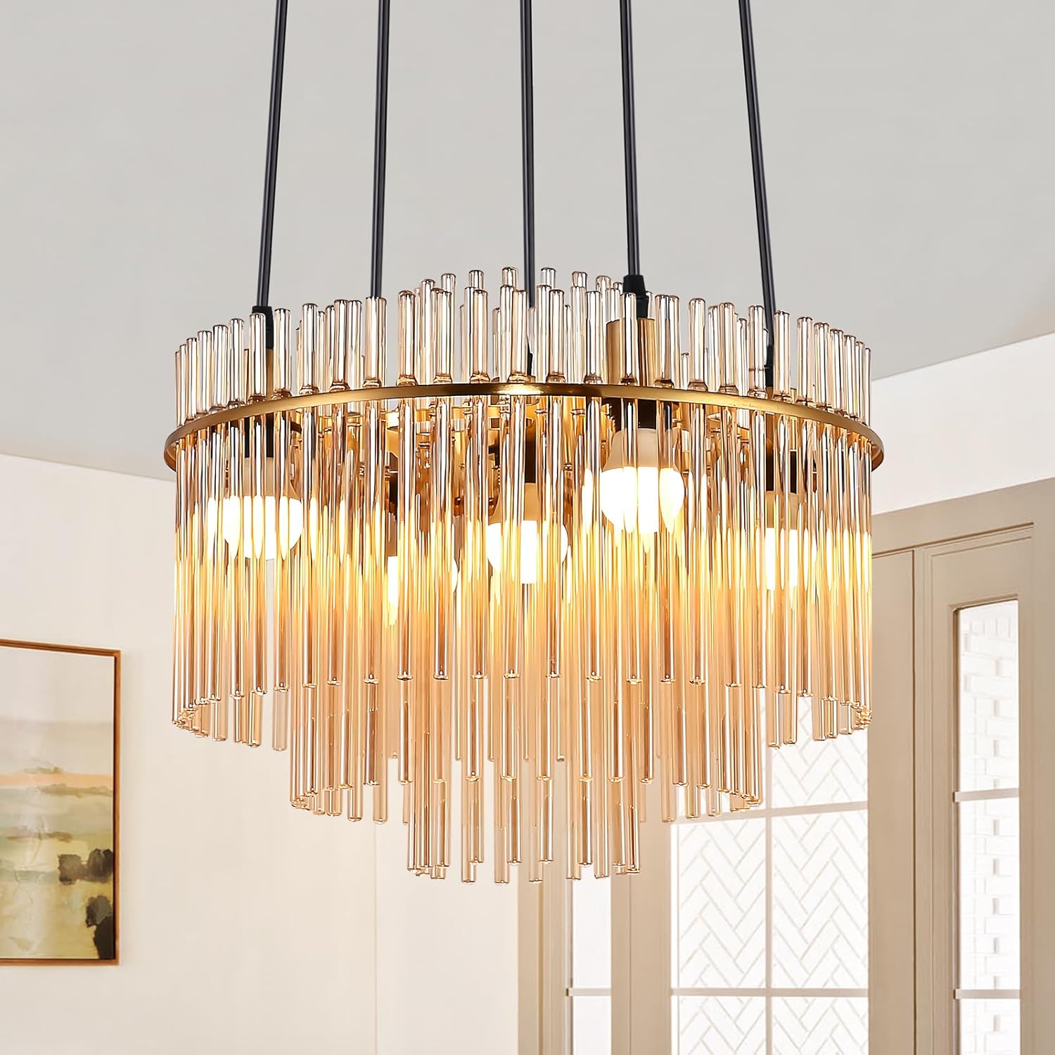 NETTLIFE Moderne Guld Pendellampe, Glas Pendellampe med 5 Lyskilder og E14 Fatning, Rund, 40 cm, Til Køkken (uden Pærer)