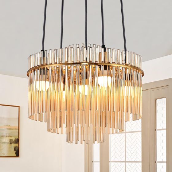 NETTLIFE Moderne Guld Pendellampe, Glas Pendellampe med 5 Lyskilder og E14 Fatning, Rund, 40 cm, Til Køkken (uden Pærer)