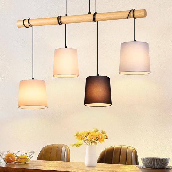 NETTLIFE - Pendellampe 4xE27, 80cm, Træ- og stofskærm, Vintage Multifarvet til spisestue og stue