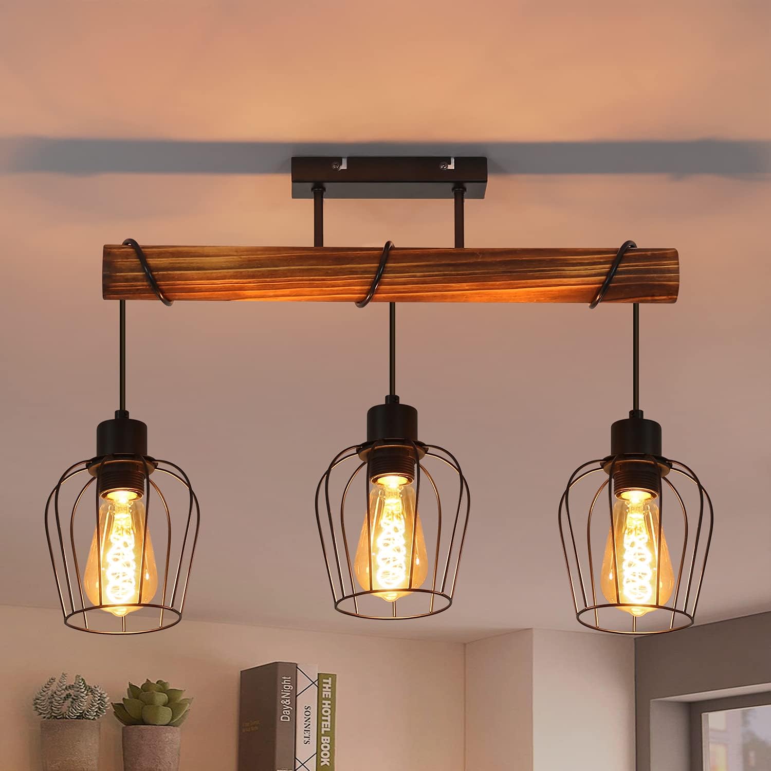 NETTLIFECeilinglampe, 3 spots, metal og, sort, træ, E27-fatning Vintage - stuelampe, flammet, træ