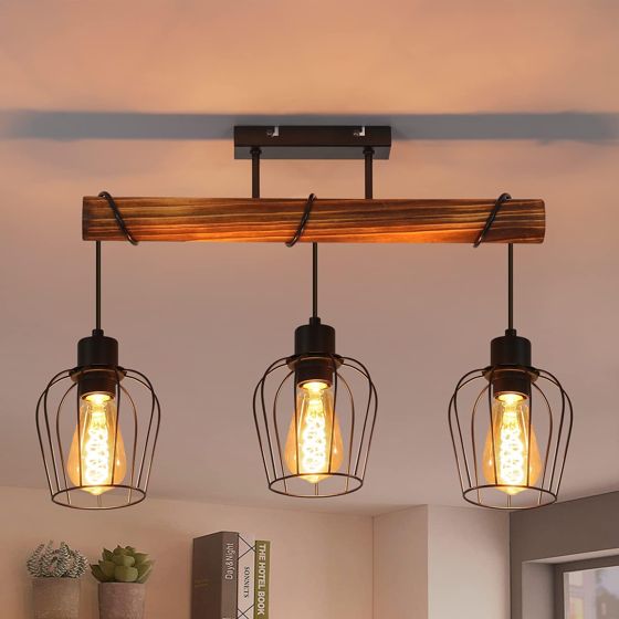 NETTLIFECeilinglampe, 3 spots, metal og, sort, træ, E27-fatning Vintage - stuelampe, flammet, træ