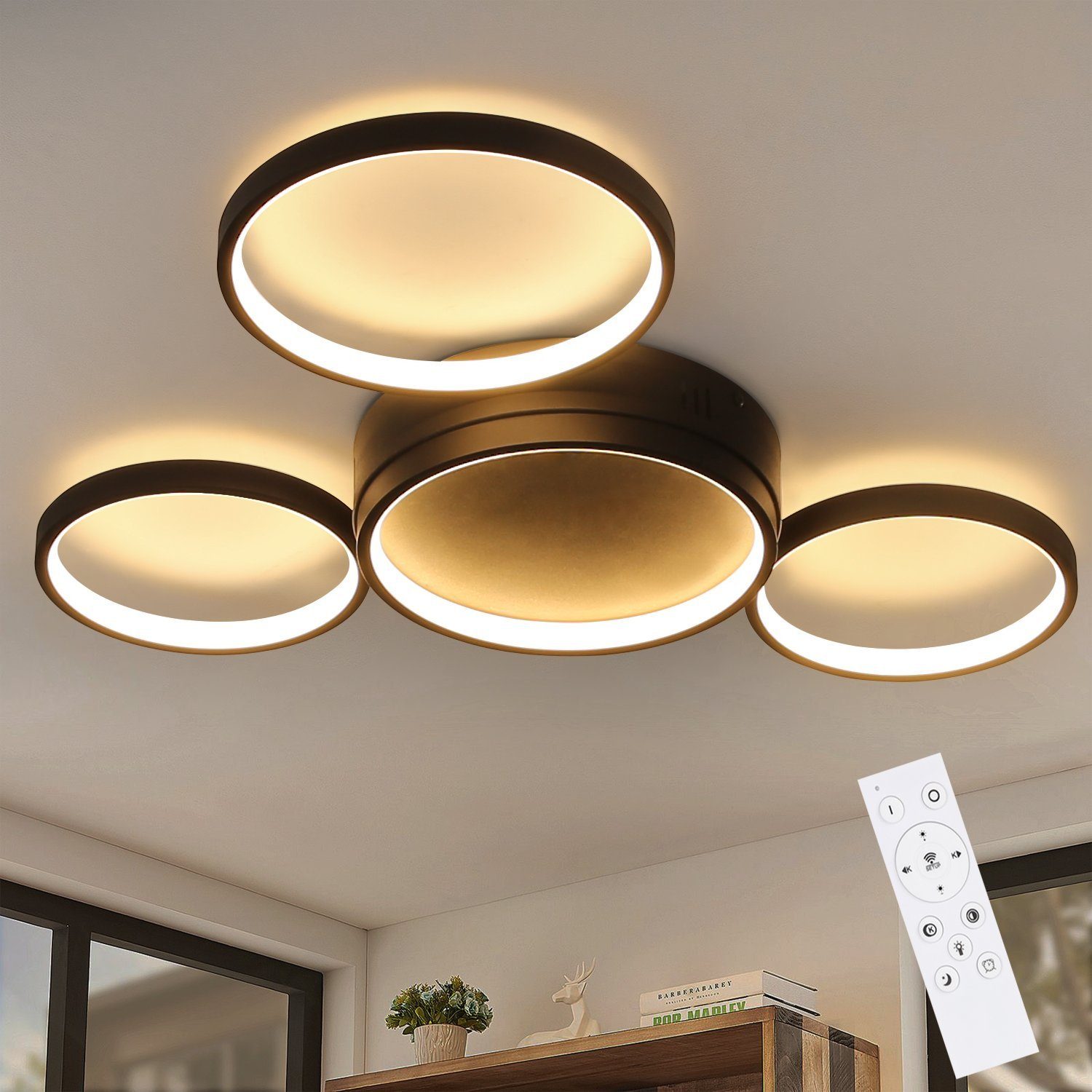 NETTLIFE sort LED loftlampe, dæmpbarMed fjernbetjening, moderne design, 4 ringe, 52W aluminium