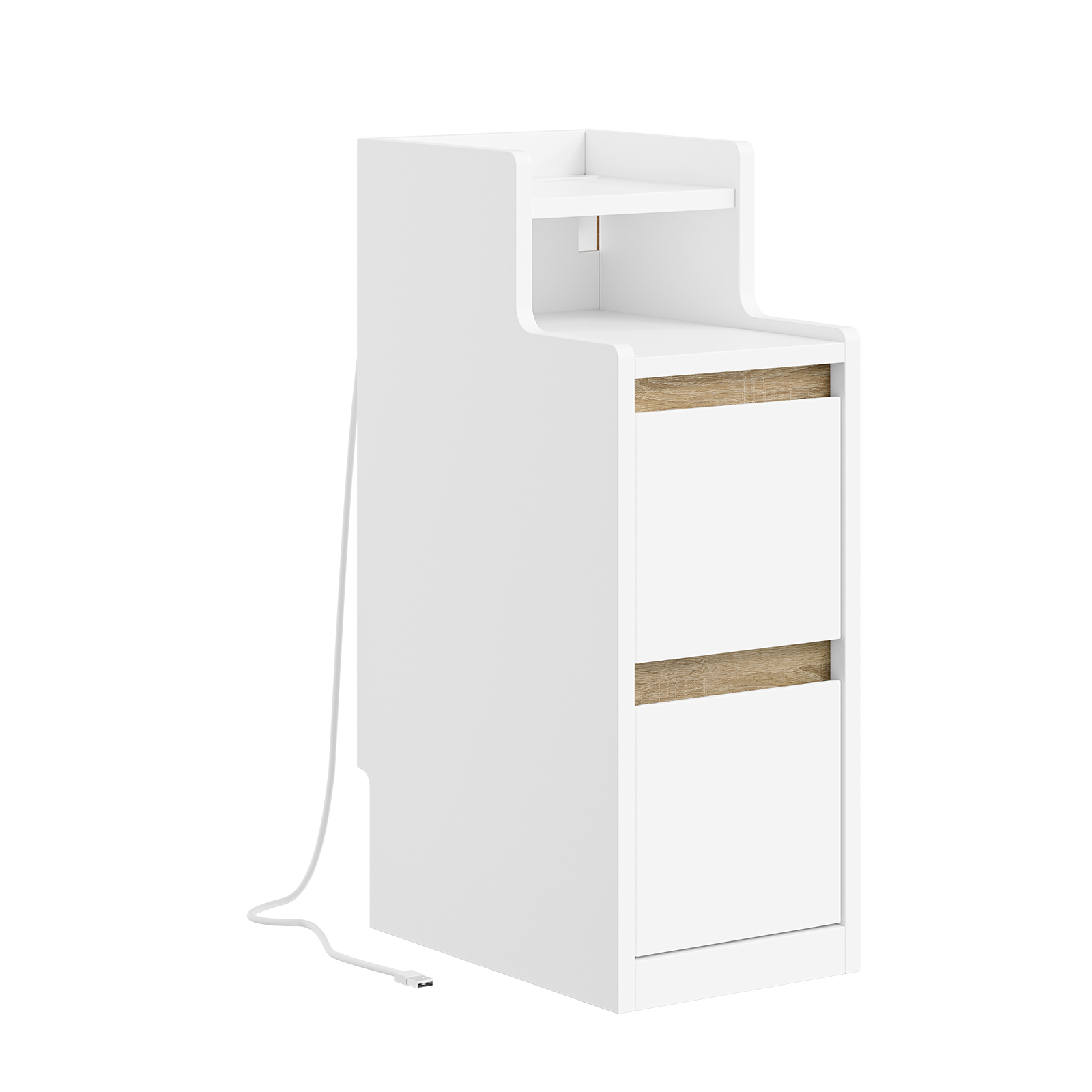 Sengeskab med 2 skuffer og integreret stik, hvid, 34x22x60.5 cm, FBT178-E-WN