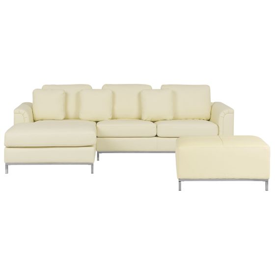 Hjørnesofa OSLO med fodskammel Ægte læder Lys Beige Højrevendt