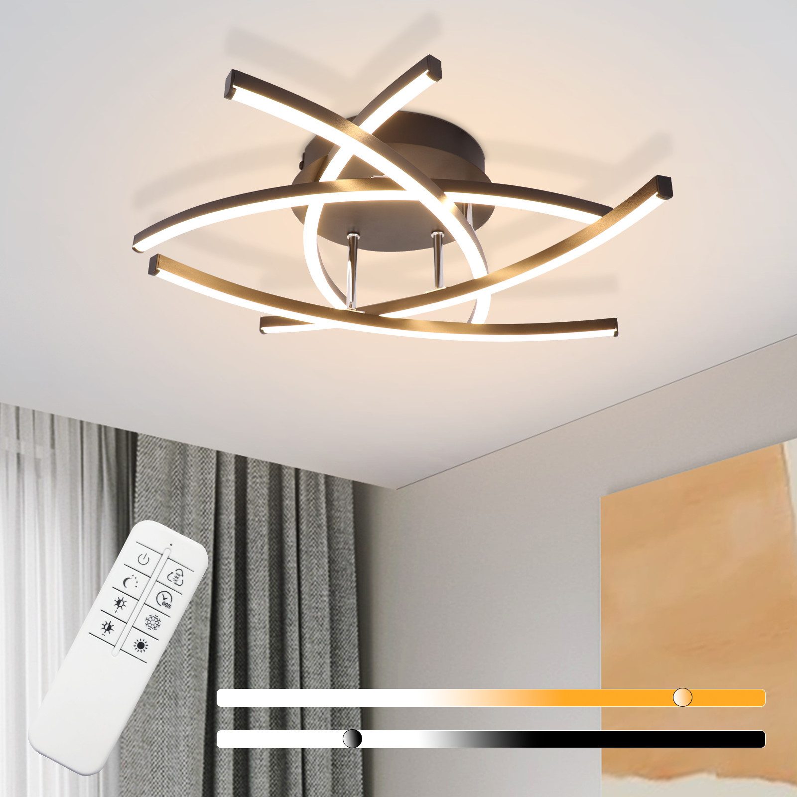 NETTLIFE LED - loftlampe, til soveværelse, sort, dæmpbar, 32w, moderne, metal Med fjernbetjening