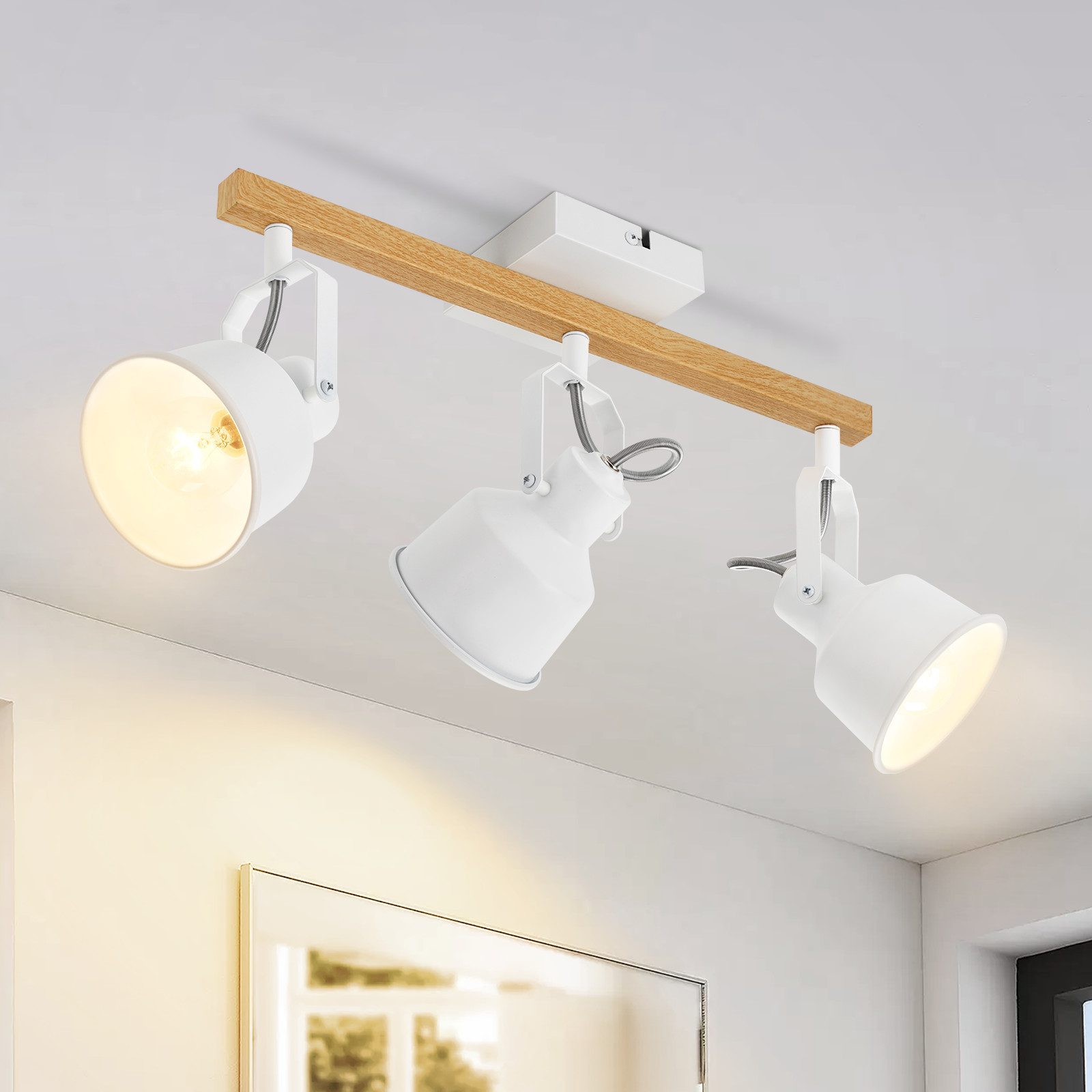NETTLIFE 3-flammet loftspotlight, 350° justerbar, vintage E14, højkvalitetsdesign med træåremønster