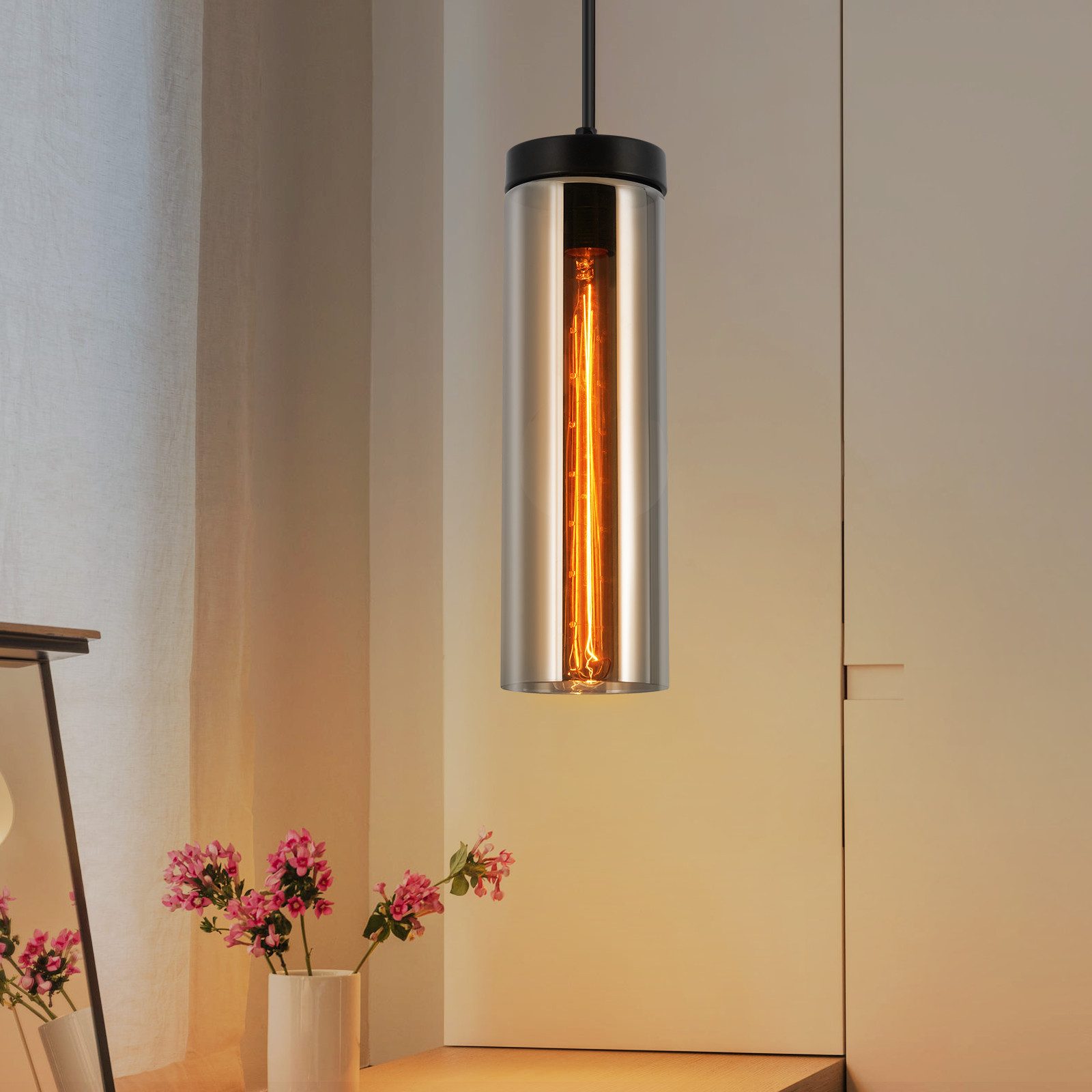 NETTLIFE Retro, mat sort, glas, hængelampe, til spisebord, 1 flamme, E27