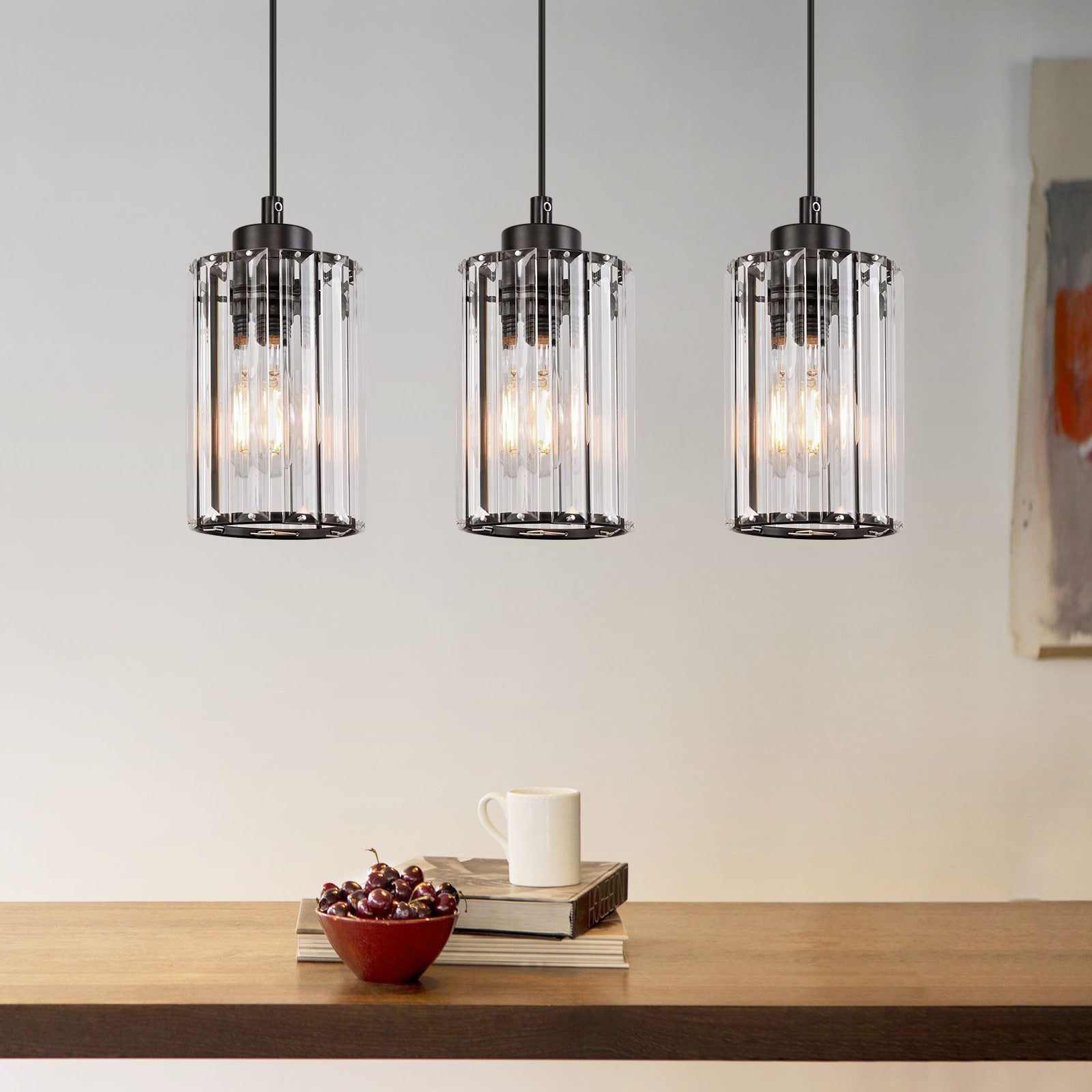 NETTLIFE moderne sort krystal pendellampe til spisebord, 3 flammer, E27