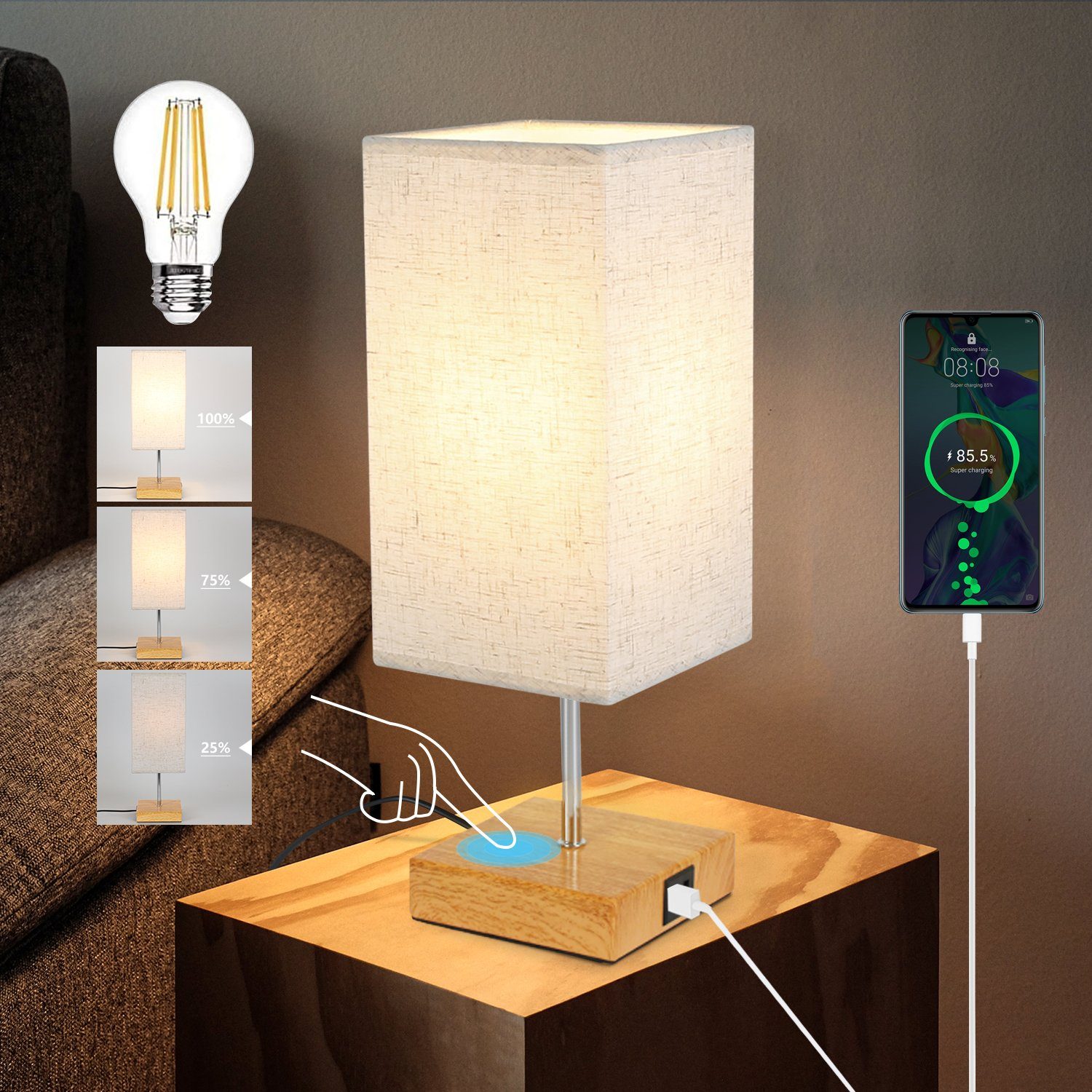 NETTLIFE Vintage USB dæmpbar Touch bordlampe E27, med opladningsfunktion, Type-C-stik og USB-opladningsport, uden pære