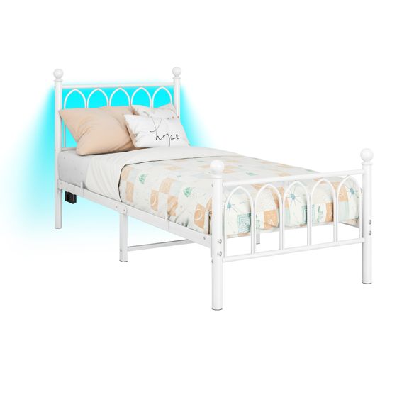 seng 90x200 cm hvid i metal med led-belysning og usb-ladestation