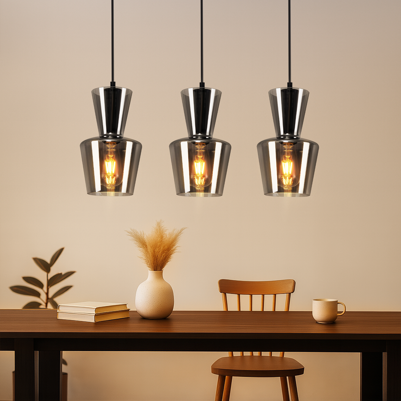 NETTLIFE Vintage, røggrå glas spisebordslampe, E27, til stue eller køkken