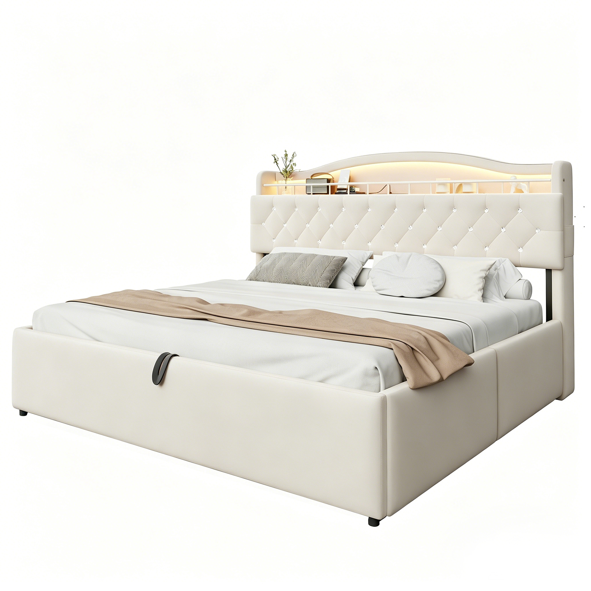 seng 180x200 cm beige stof og metal med hydraulisk opbevaring led-belysning usb og usb-c