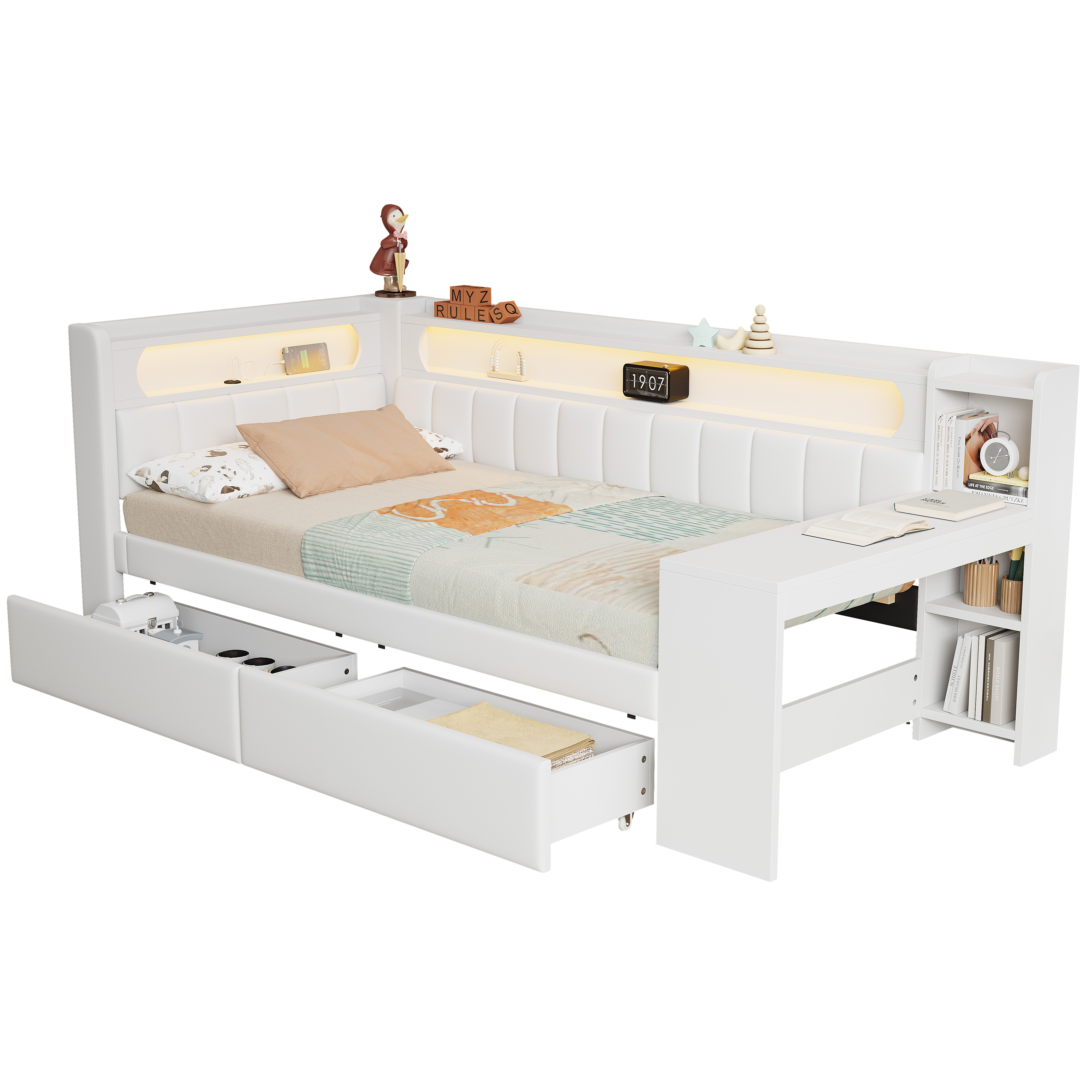 seng 90x200 cm hvid mdf og spærtræ med usb-porte led-belysning skrivebord og 2 skuffer