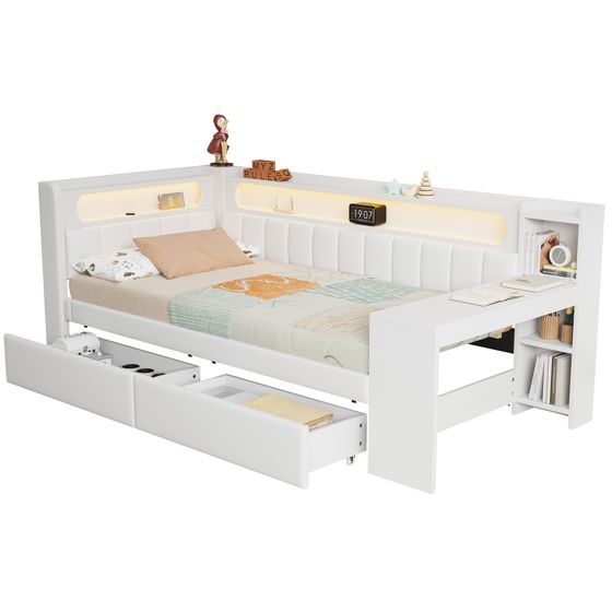 seng 90x200 cm hvid mdf og spærtræ med usb-porte led-belysning skrivebord og 2 skuffer