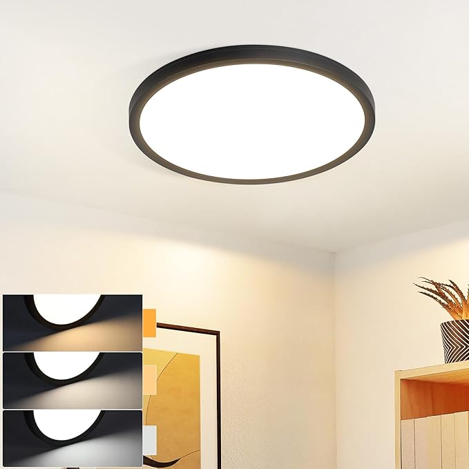 NETTLIFE flad LED loftlampe til soveværelse, sort, 18 cm, 15 W, dæmpbar badeværelseslampe