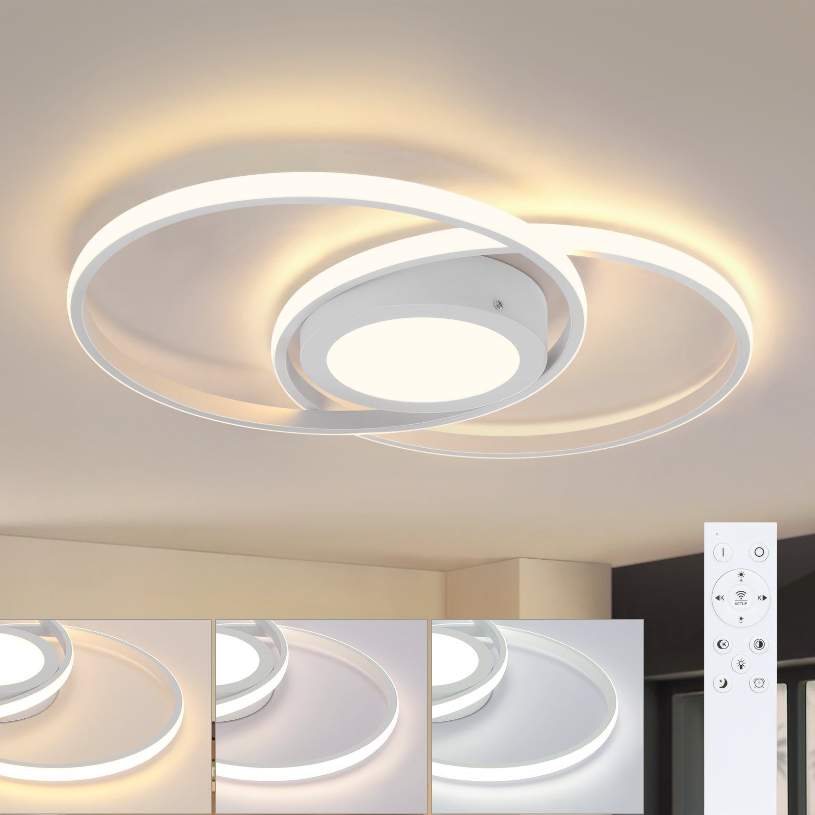 NETTLIFE dæmpbar LED loftlampe med fjernbetjening 48W hvid, stue design, soveværelse moderne, lampe til køkken, kontor