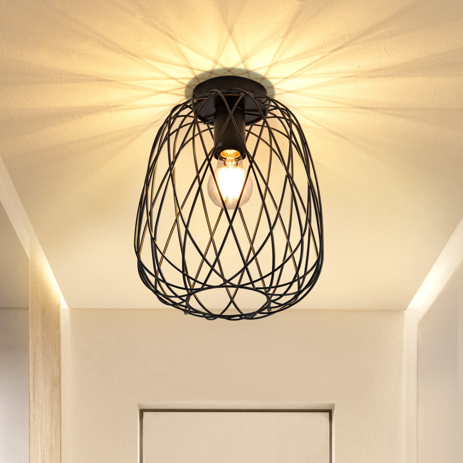 NETTLIFE sort loftslampe Korridorlampe Vintage, industriel, retro loftslampe, E27, 1 pære, rund, metallampe