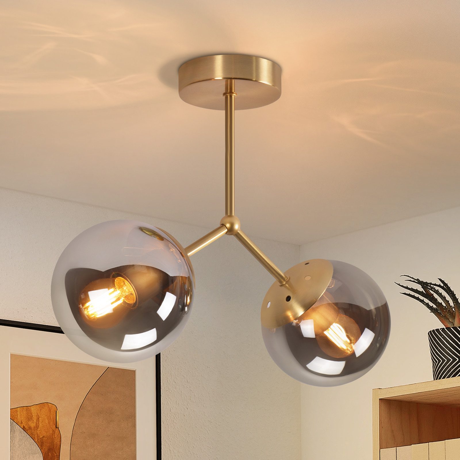 NETTLIFE glas, loftslampe til entré,: Vintage, E27, loftslampe til entré i guld, glaskugle med to pærer