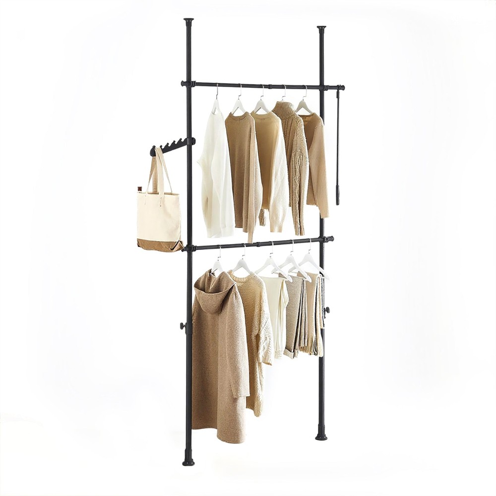 SoBuy FRG109-II-SCH Teleskopisk frakkestativ, robust frakkestativ, justerbar åben garderobe med hængestænger til soveværelse, walk-in closet, sort