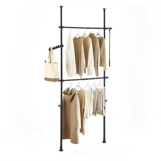 SoBuy FRG109-II-SCH Teleskopisk frakkestativ, robust frakkestativ, justerbar åben garderobe med hængestænger til soveværelse, walk-in closet, sort