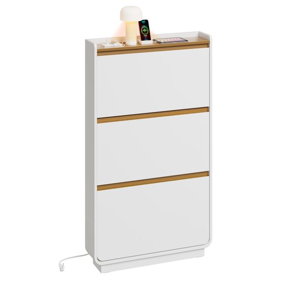 Skostativ med 3 klapper og stikkontakt, hvid med egetræ, 72x15x126 cm, FSR228-E-WN