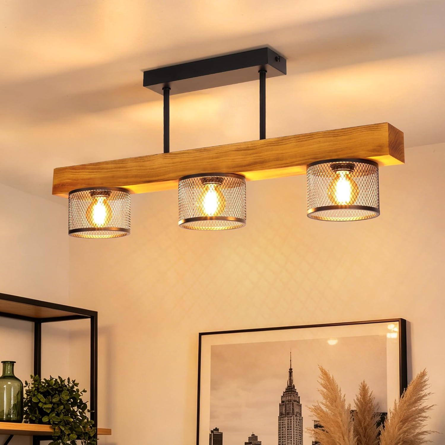NETTLIFE Vintage Loftlampe i Træ og Sort Metal Industriel Lysekrone 3xE14 Burlampe til Stue og Køkken (Uden Pærer)