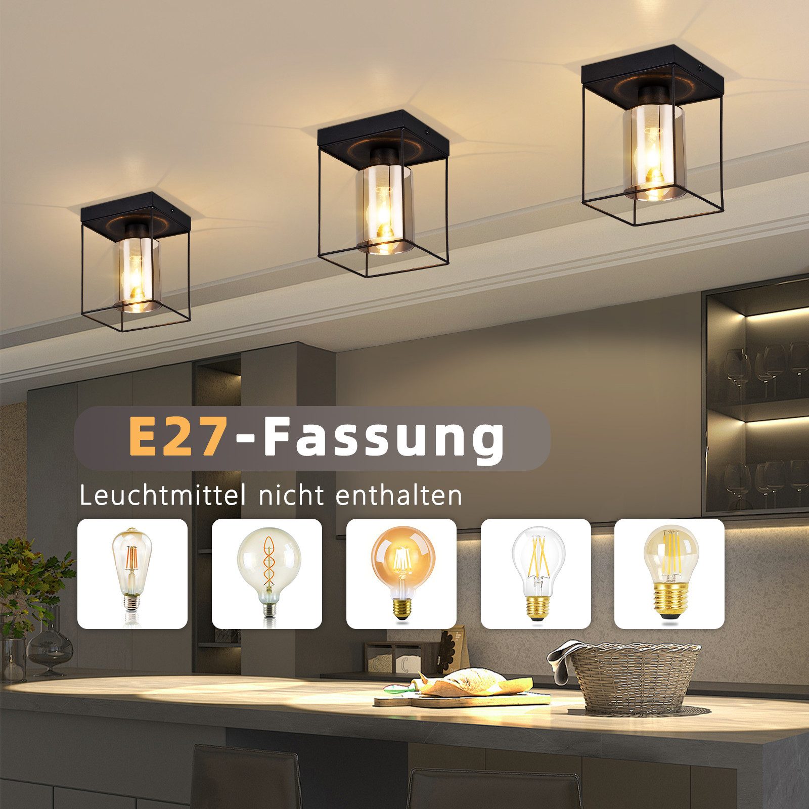NETTLIFE - loftlampe til gangen, loftlampe i glas, 1 lampe, E27, vintage stil, sort metal, retro, industriel stil