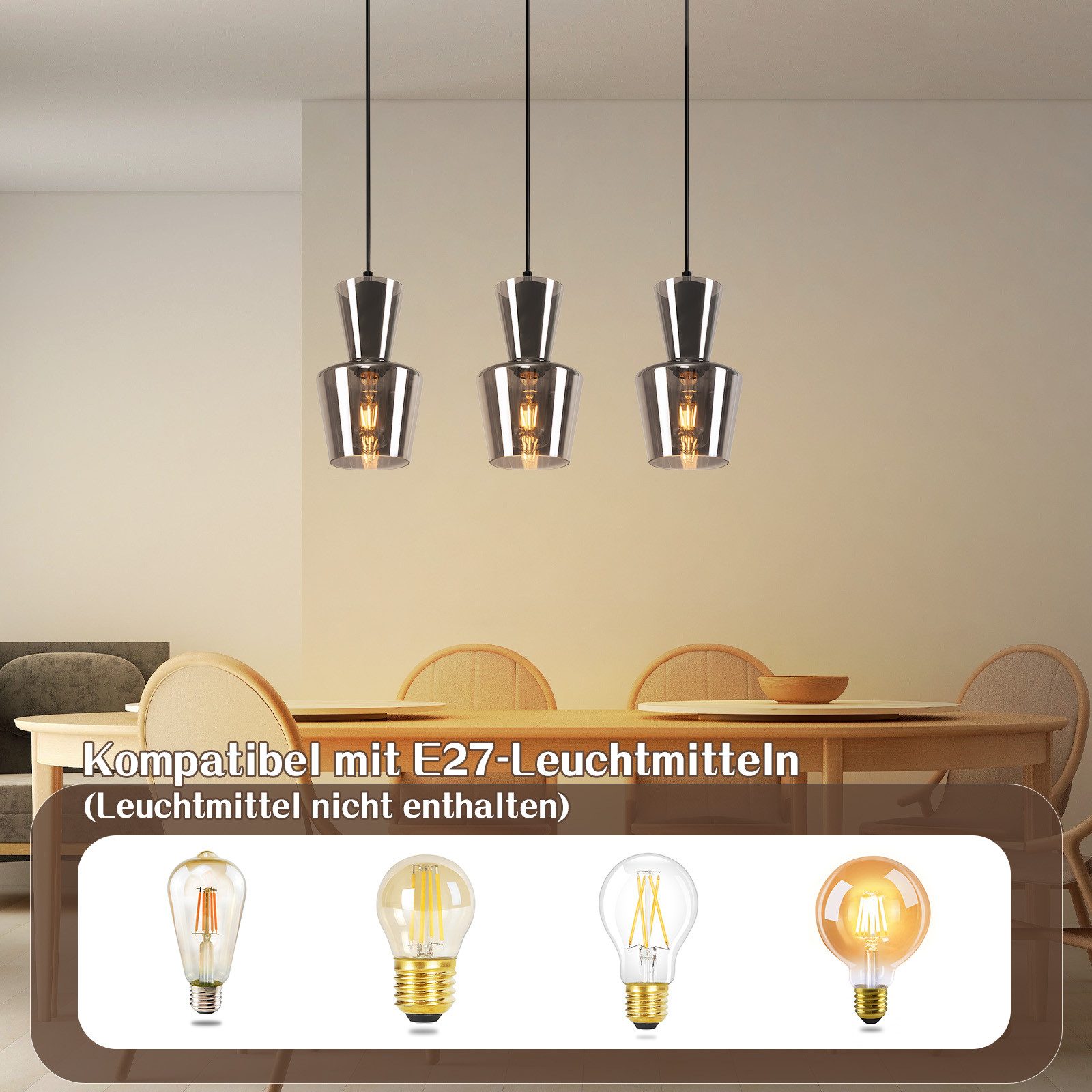NETTLIFE Vintage, røggrå glas spisebordslampe, E27, til stue eller køkken