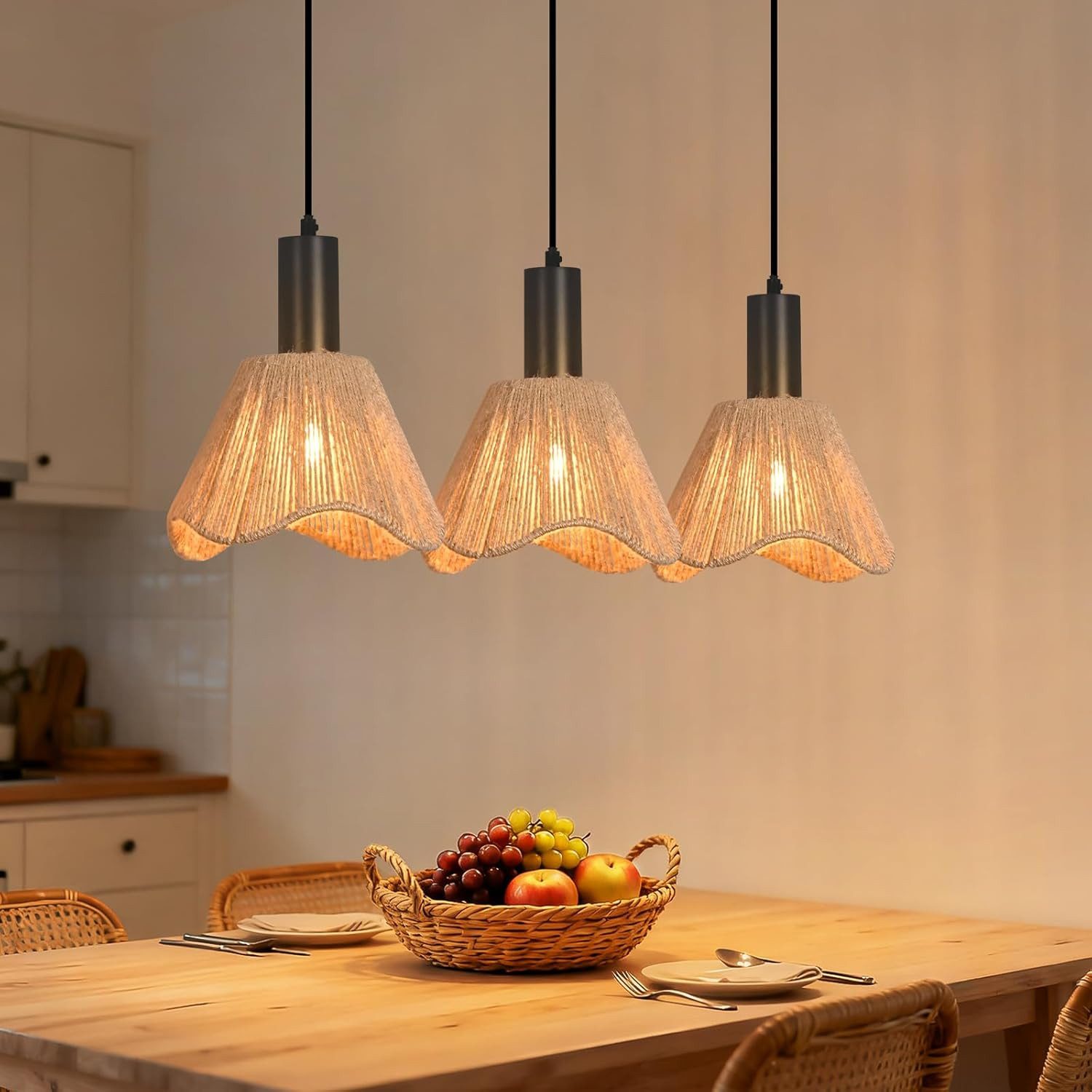 NETTLIFE pendellampe sort rattan retro boho pendellampe 3 lyskilder E27-fatning