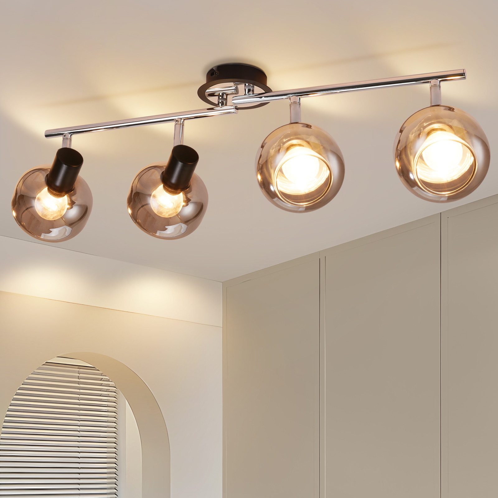 NETTLIFE moderne E14 loftspotlight røget glas 4 flammer justerbar 350°