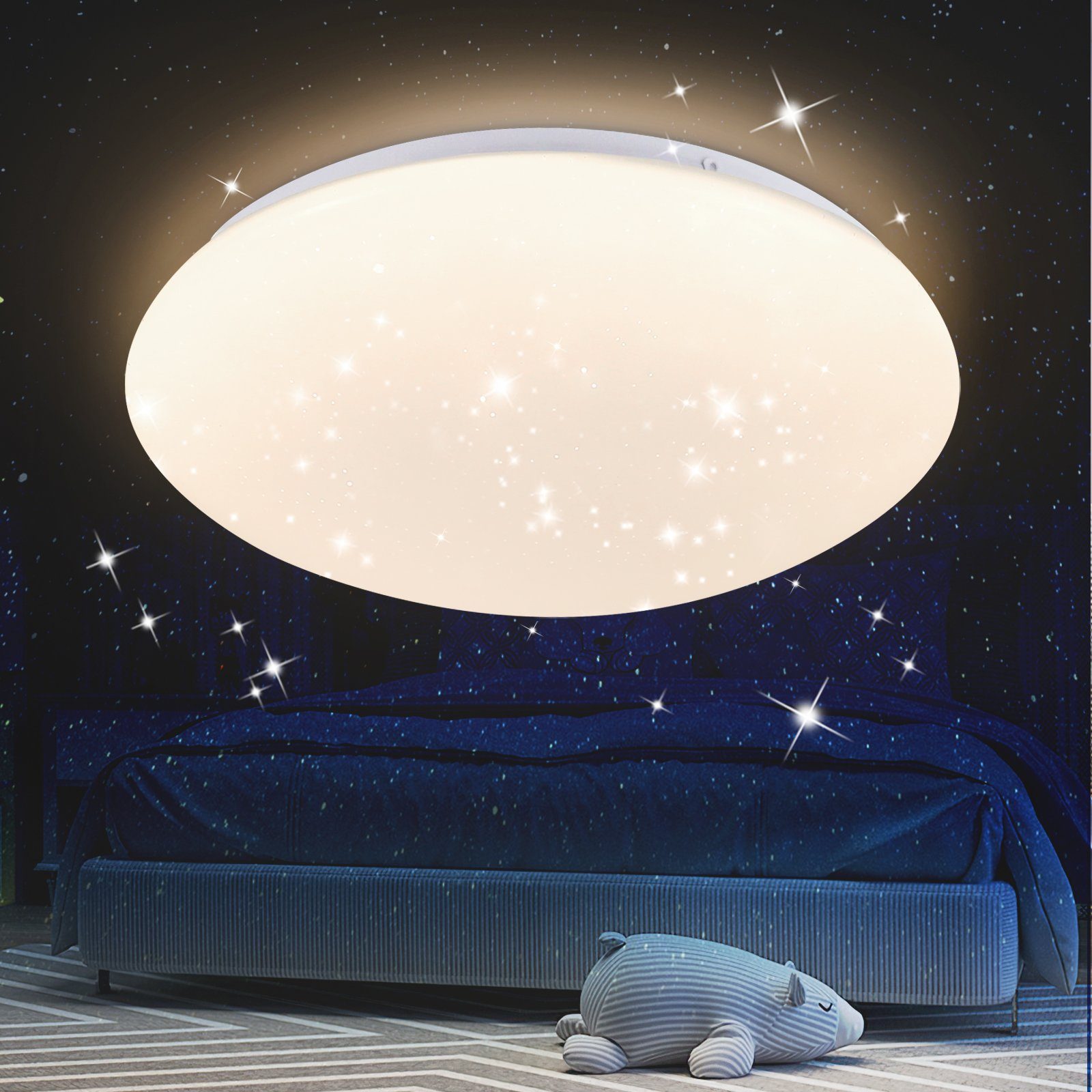 NETTLIFE LED - loftlampe, 30 cm rund, IP44 18W, til soveværelse, stjernehimmel, neutral hvid Vandtæt Til køkken, børneværelse