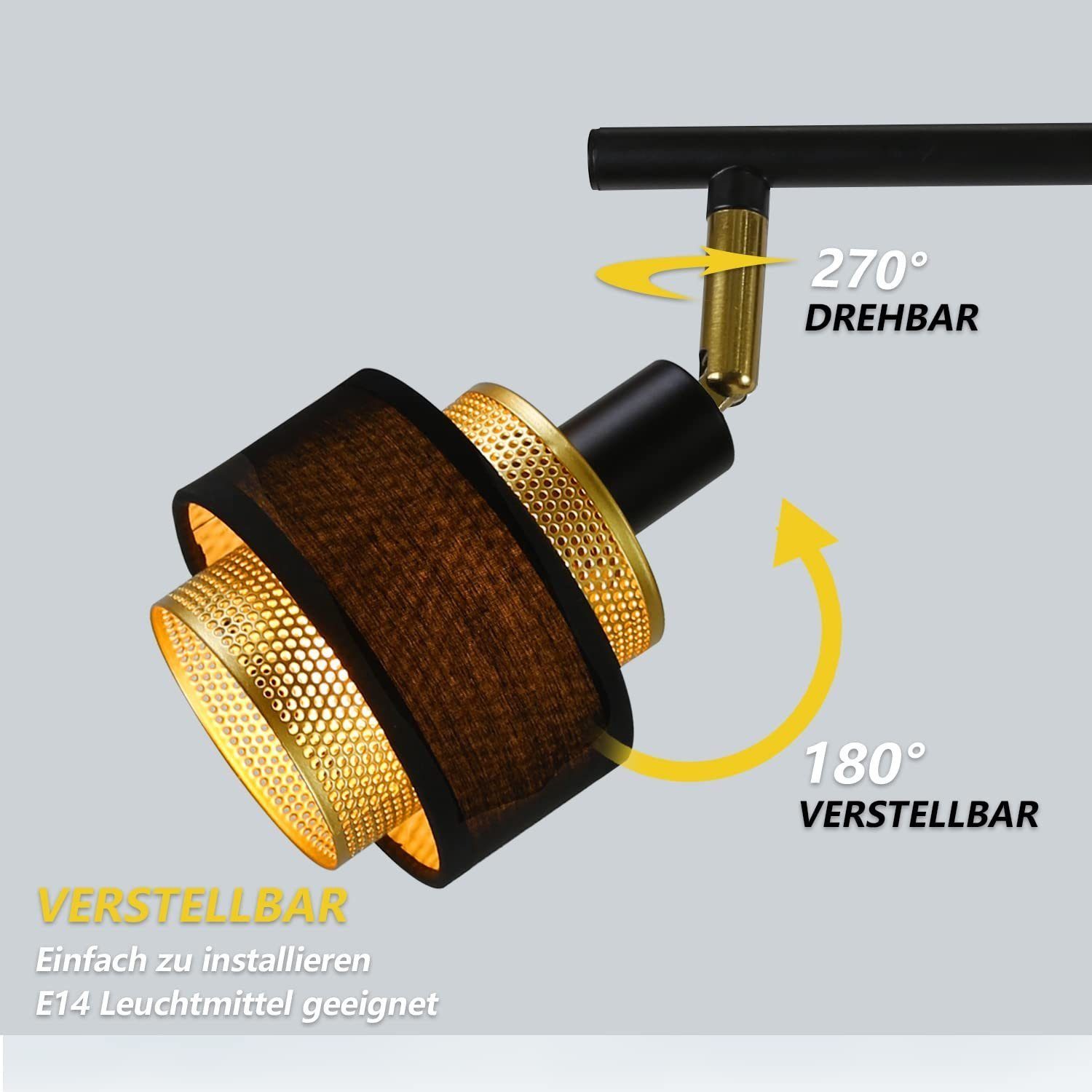 NETTLIFE Loftlampe med 3 lyskilder, E14, sort, vintage-stil, retro flamme, til soveværelse, gylden metal, justerbar, industriel stil