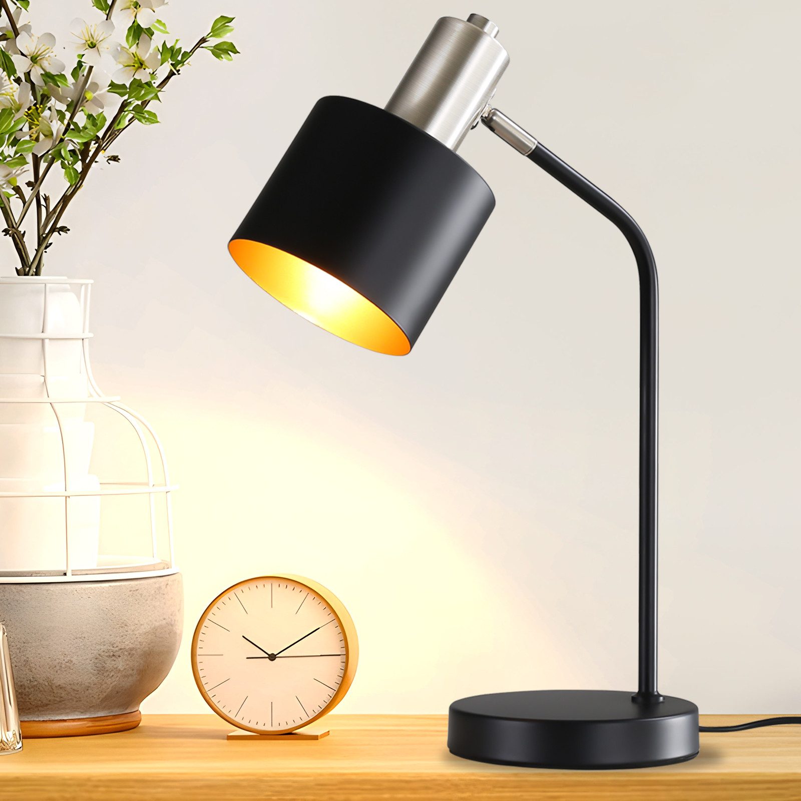 NETTLIFE Vintage - sengelampe, E27-ledning, sort og guld, bordlampe, roterende, læselampe