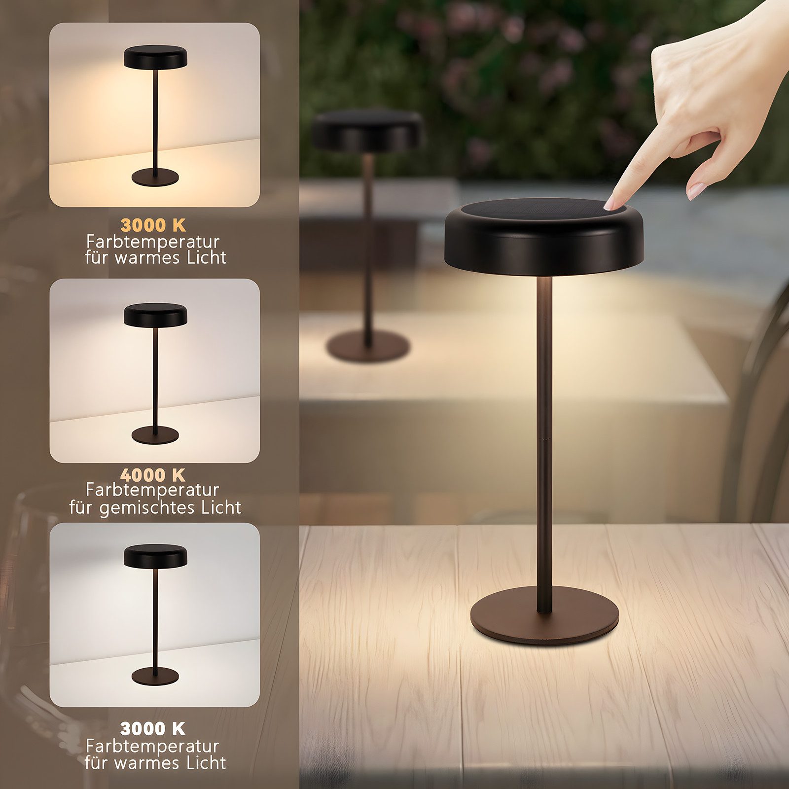 NETTLIFE soldrevet LED-bordlampe trådløs genopladelig touchskærm dæmpbar sort 3600mhA med USB-batteri