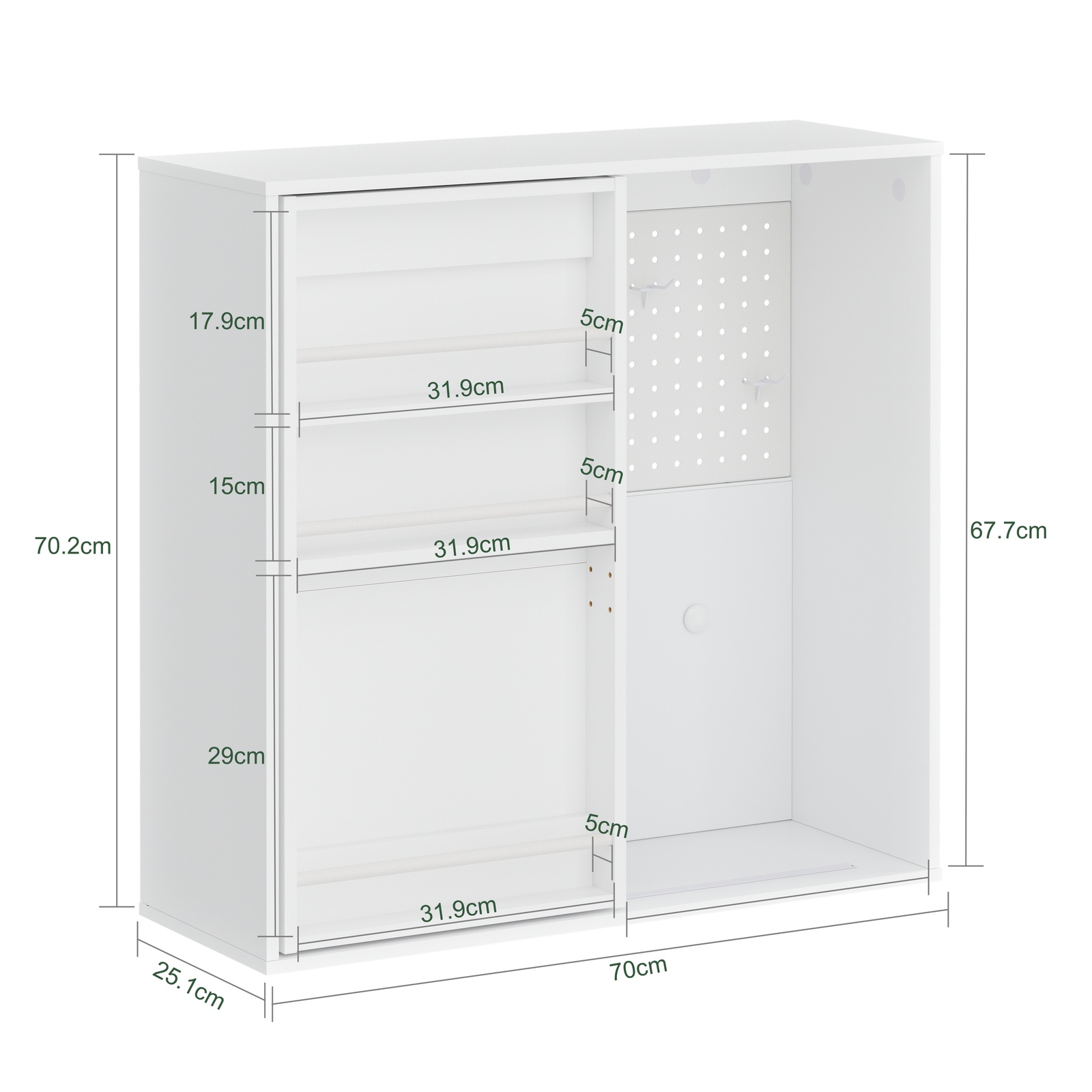 Vægmonteret frakkestativ med skabe og hulplade, hvid, 70.2x25.1x17.9 cm, STR16-W