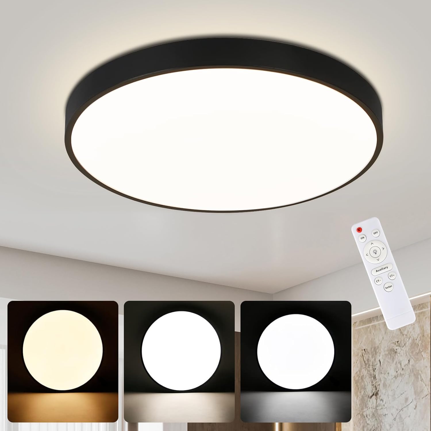NETTLIFE dæmpbar, LED loftlampe med fjernbetjening, 36W Badeværelse, lampe, sort, IP44 Vandtæt, flad, 37 cm, rund