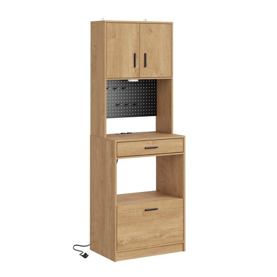 Skab med mikrobølgeovn og hylde, lys eg, 60.0x40.0x170.0 cm, FSB98-E-N
