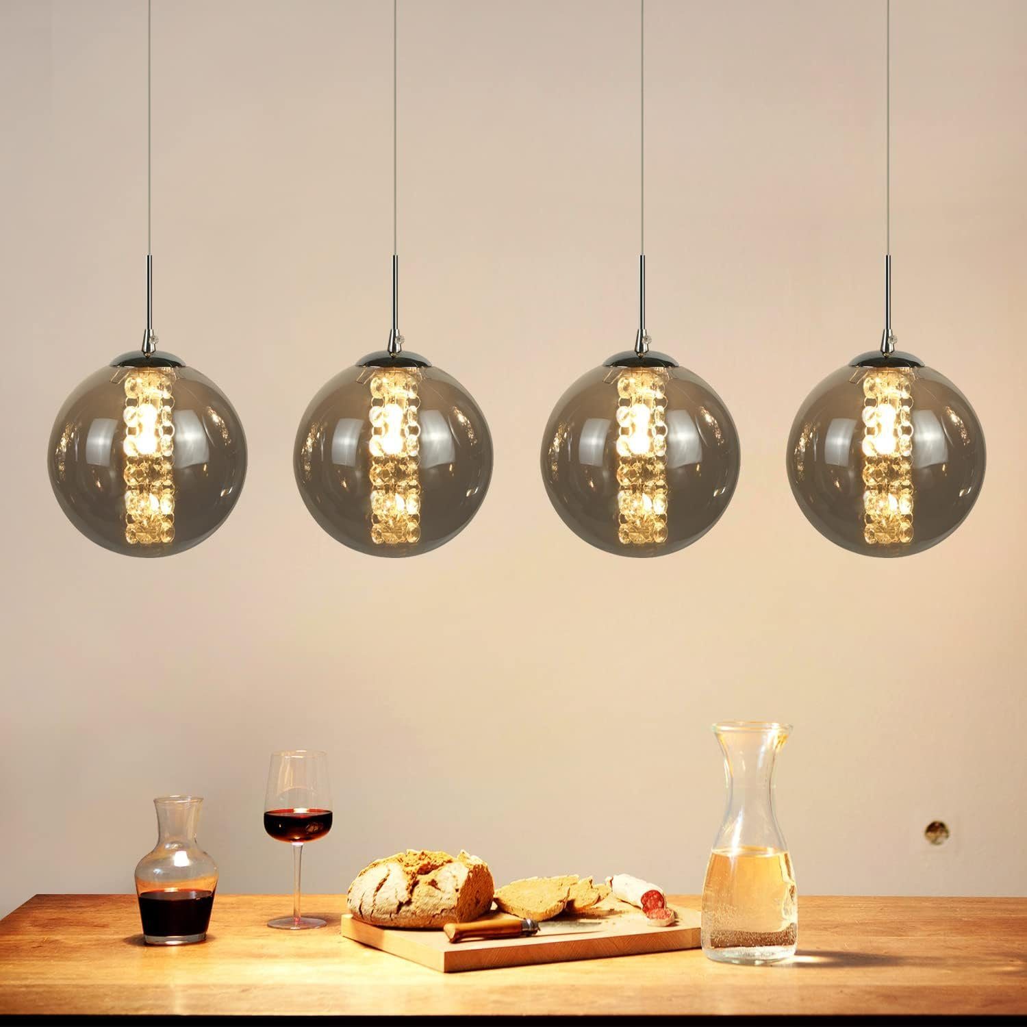 NETTLIFE pendellampe grå, glasdiameter, 70 cm, G9 spisebordslysekrone Højdejusterbar 4 farvede pærer, spisebordslampe Til køkkenet