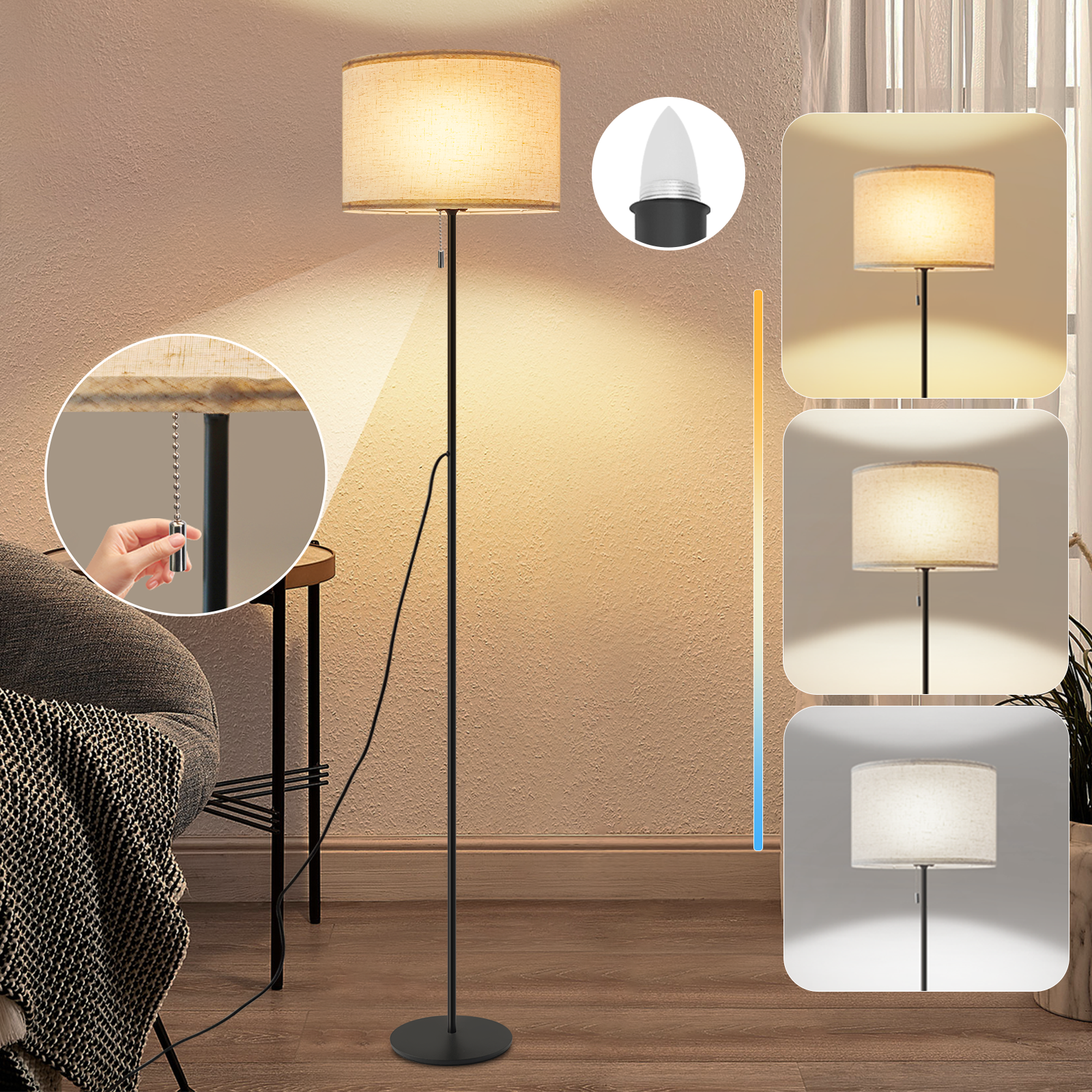 NETTLIFE Dæmpbar LED-gulvlampe Retro stofskærm til stue med trækafbryder