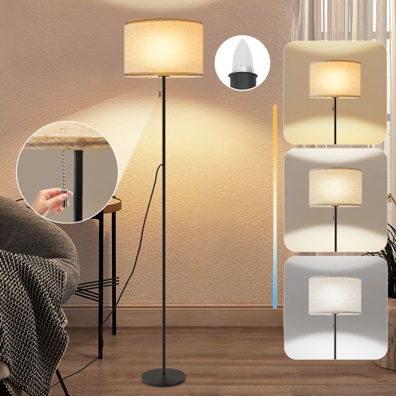 NETTLIFE Dæmpbar LED-gulvlampe Retro stofskærm til stue med trækafbryder