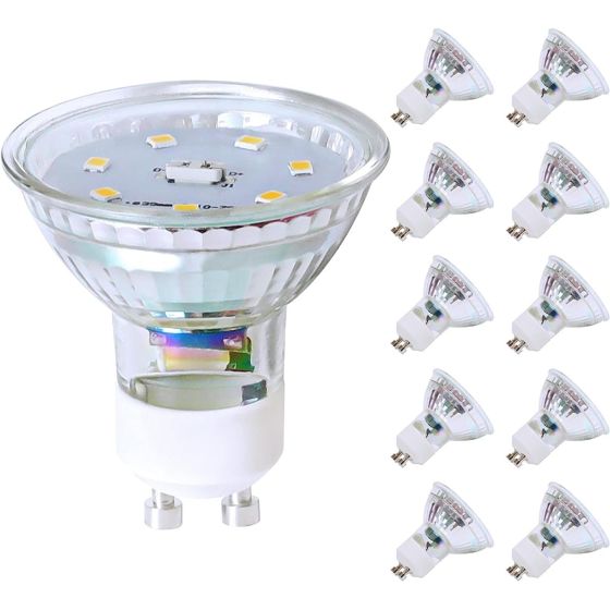 NETTLIFE 10 stk., pakke GU10, LED-pærer, Neutral hvid, 5W. Erstatter 50W, pære Energibesparende, 4000K, Strålevinkel 110°.