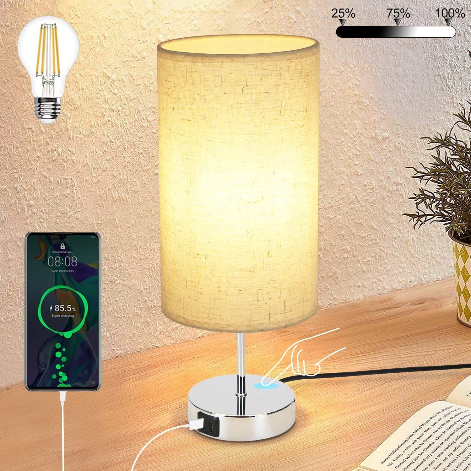 NETTLIFE DimmableTouch, Natbordslampe, Med Opladningsfunktion, Moderne, Bordlampe, USB, E27, med
