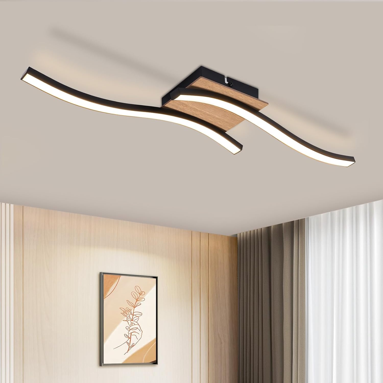 NETTLIFE 12 W LED - loftlampe, træ, 3000 K, varm hvid, moderne design, sort, metal