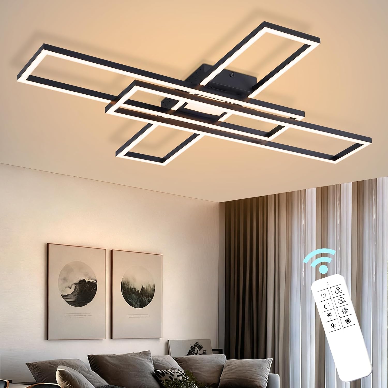 NETTLIFE LED loftlampe, moderne sort, stue, 56W/42W, dæmpbar, rektangulært design