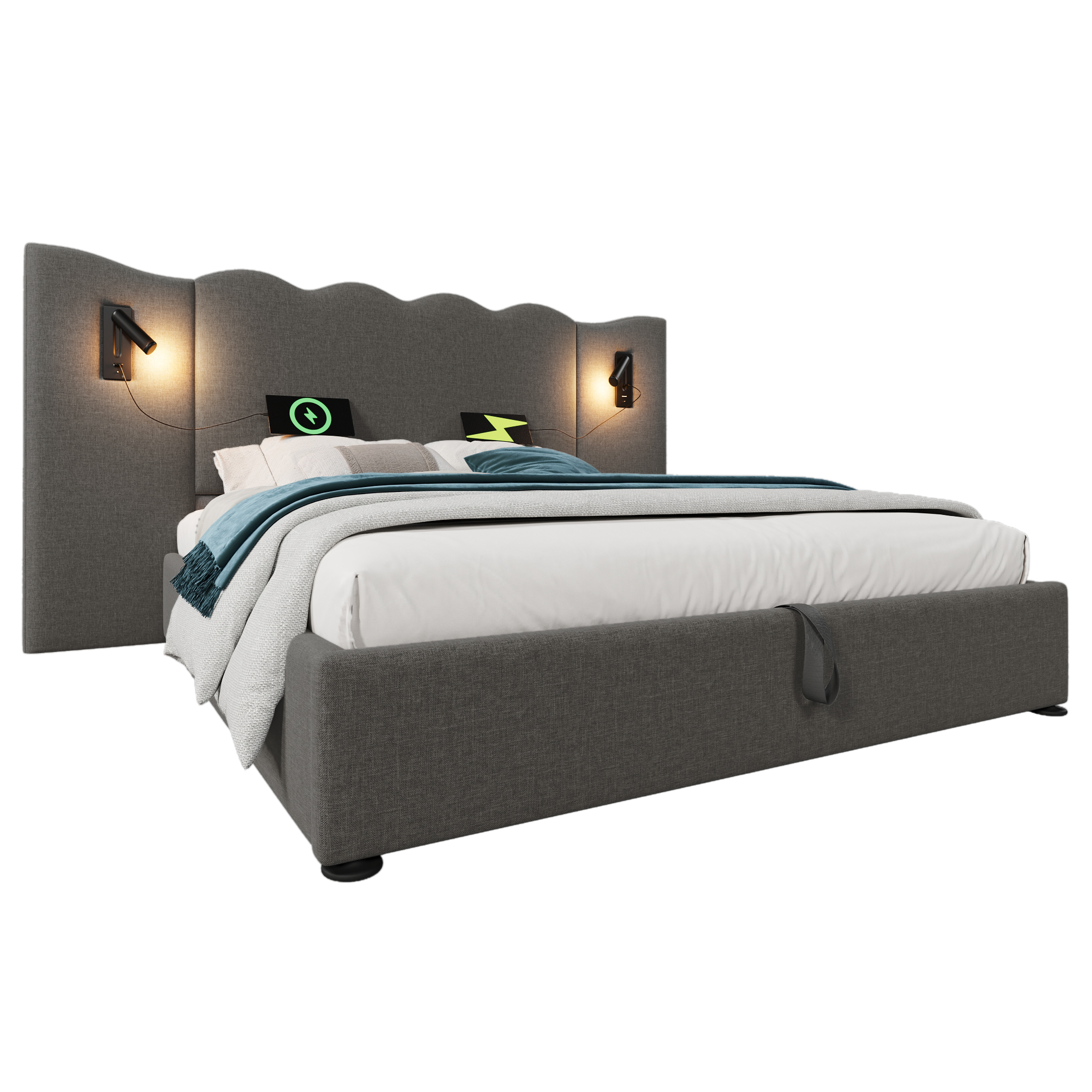 seng 180x200 cm graa i lien og massivt træ med opbevaring, led-belysning og usb type-c