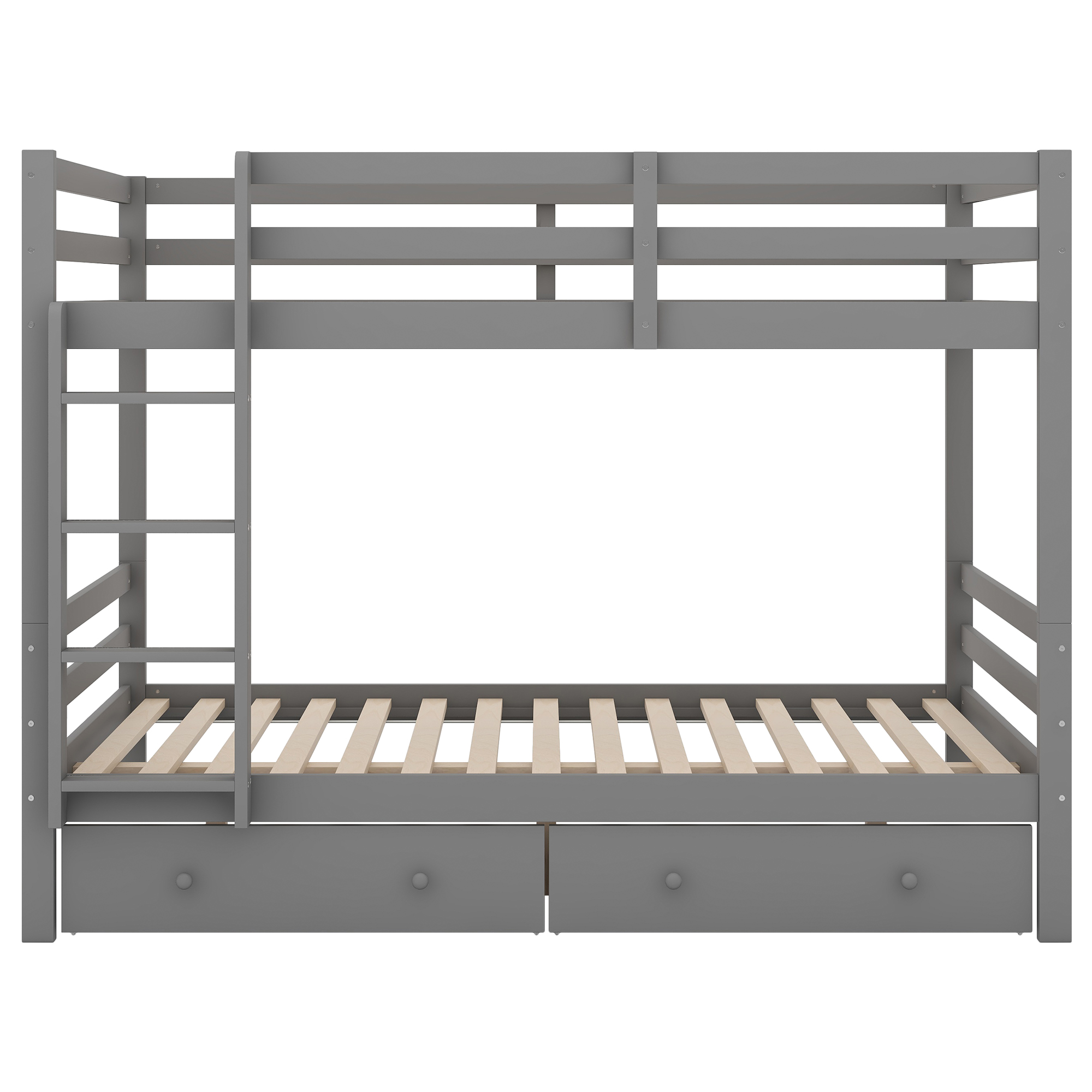 Køjeseng 140 x 200 cm, grå fyrretræ + MDF, skuffer + opbevaringsplads + gelændere